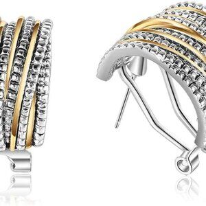 Two-Tone Gold Silver Crossover Hoop Earrings for Women Elegant Stylish Gift